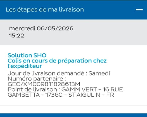 Capture d'écran du client montrant le suivi de sa commande du T-Shirt Custom Garage.
