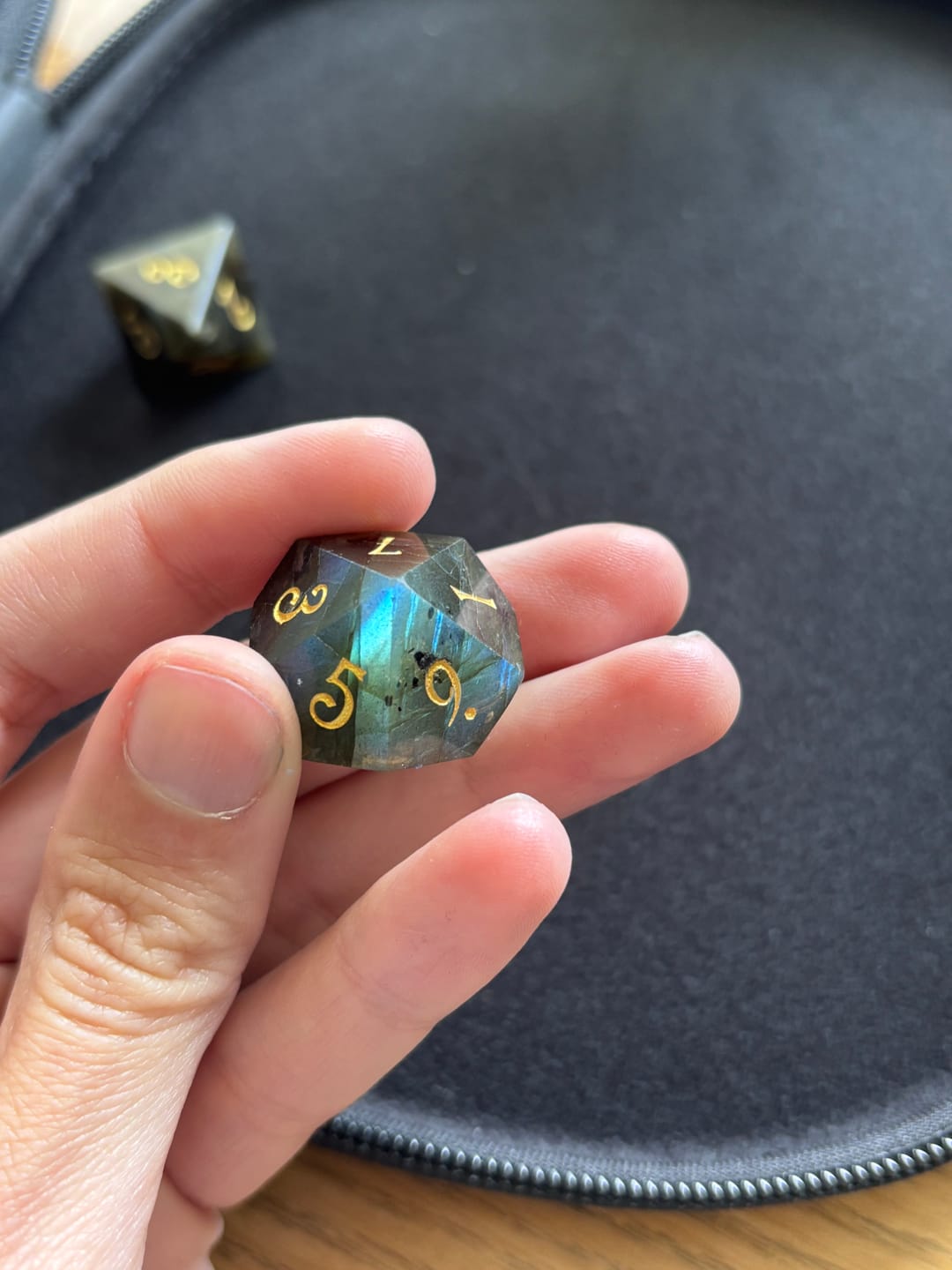 Customer photo review of URWizards D&D Labradorite Gemstone Engraved Dice Set  Moon Style