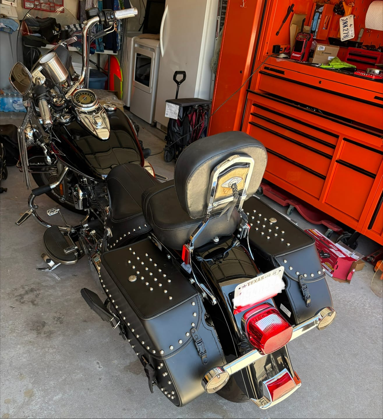 Customer photo review of 35L - Legacy Extra Large Studded Leather Motorcycle Saddlebags for Harley Softail Heritage FLSTC/I