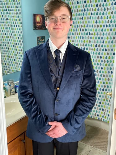Customer photo review of Ties2you Dress Vest Dark Blue Paisley Collar Silk Mens Waistcoat Tie Set