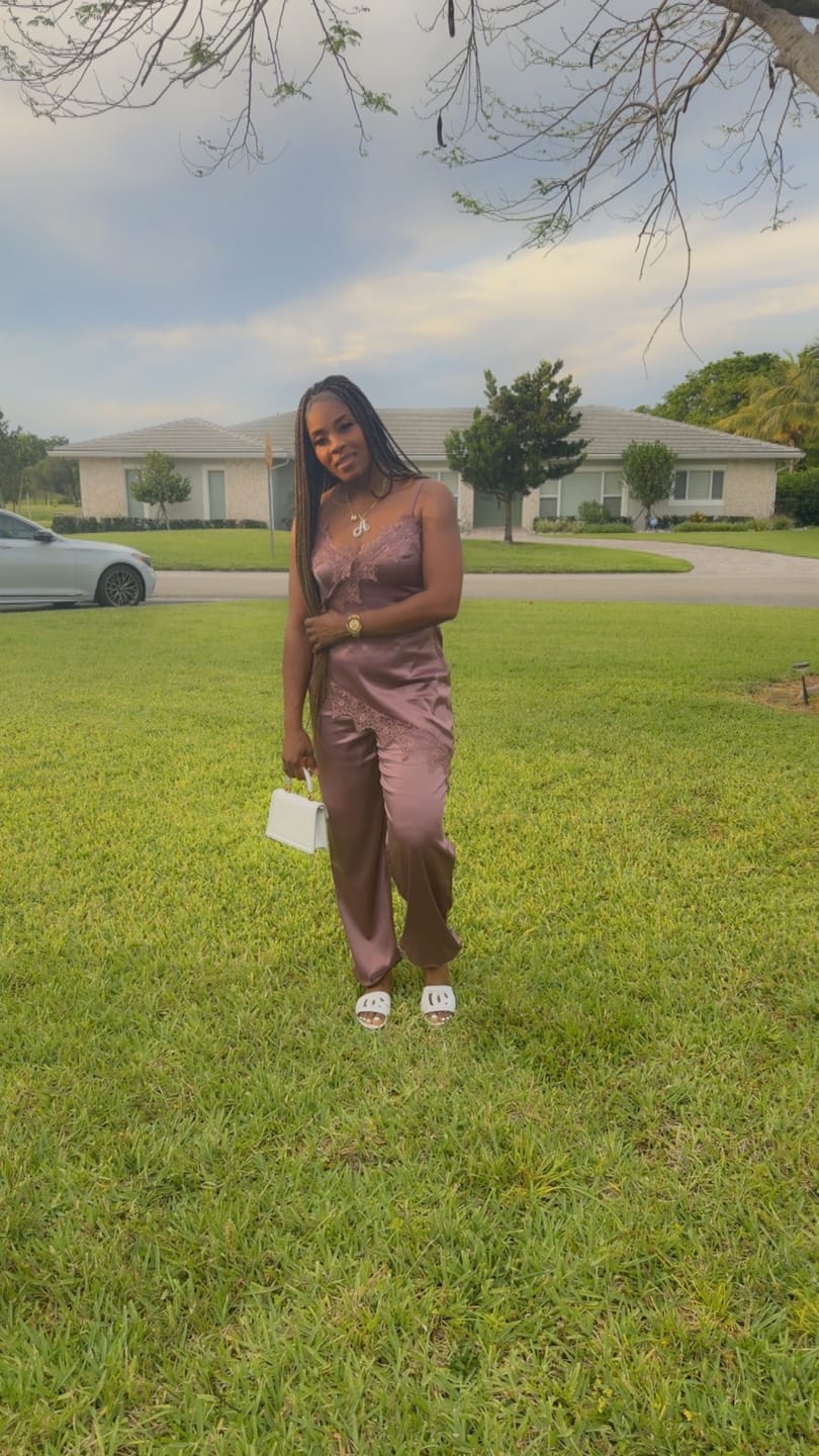 Customer photo review of Intimate Lace Satin Obsession Jumpsuit Brown