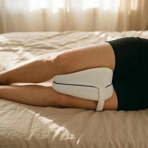 Un client allongé sur le côté dans un lit avec le coussin pour genoux Cellsius placé entre ses jambes.