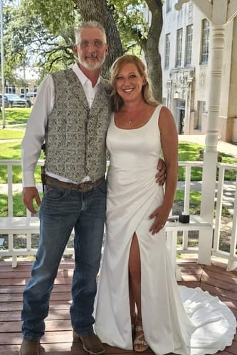 Customer photo review of Satin Draped Square A Line Wedding Dress With Slit