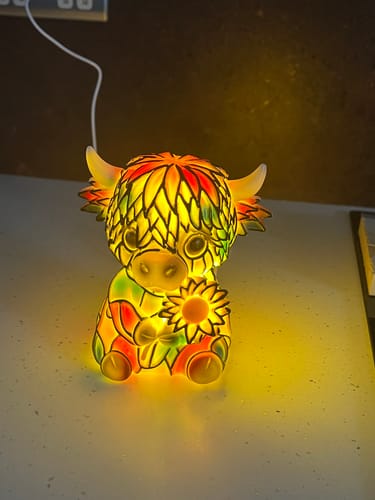 Customer's colorful Highland Cow LED Night Light glowing warmly on a tabletop.