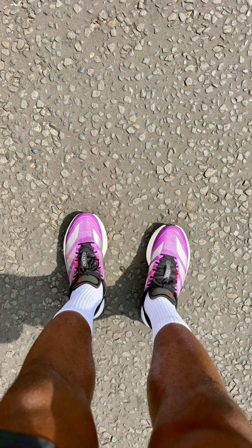 Customer photo review of adidas Adizero Boston 13 Men's Running Shoe - Purple Burst/Silver Met/Lucid Red