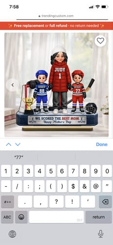 Reviewer's personalized hockey mom wooden plaque with a mom figure and two children in custom jerseys.