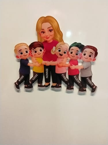 Customer's personalized acrylic fridge magnet showing a cartoon grandma figure hugging five grandchildren with their names printed.