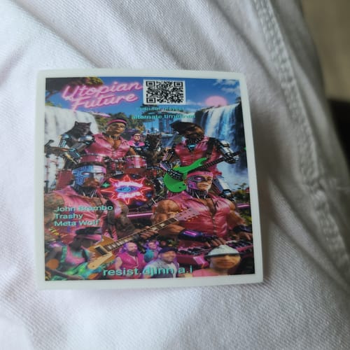 Customer's custom 3-inch sticker with a detailed, colorful graphic of a futuristic band.