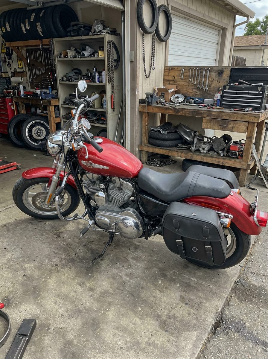 Customer photo review of 25L - Arch Large Shock Cutout Leather Motorcycle Saddlebags for Harley Sportster 1200 Custom XL1200C/XLH1200C