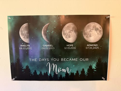 Customer's personalized moon phase poster with four names and their birth moon phases displayed on a celestial background.