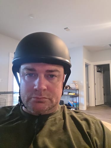Customer wearing the flat black SOA Beanie helmet to show its low-profile fit.