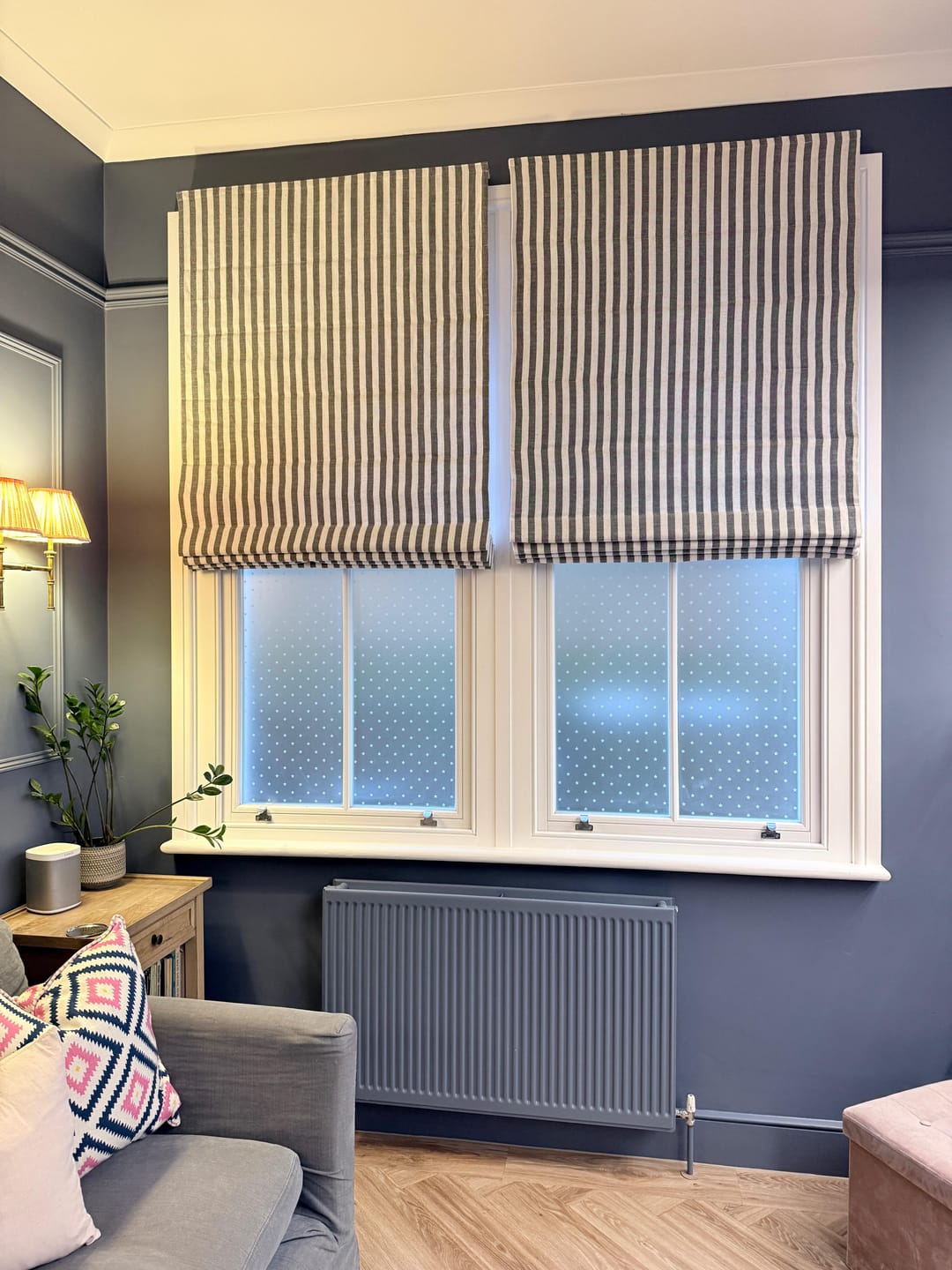 Customer photo review of Milano Flat Fold Linen Blend Striped Cordless Custom Roman Shade