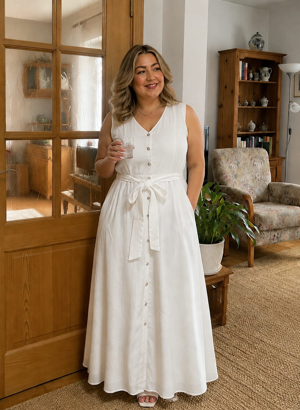 Customer photo review of Yeese Plus Size Women's Linen V-Neck Dresses With Belted