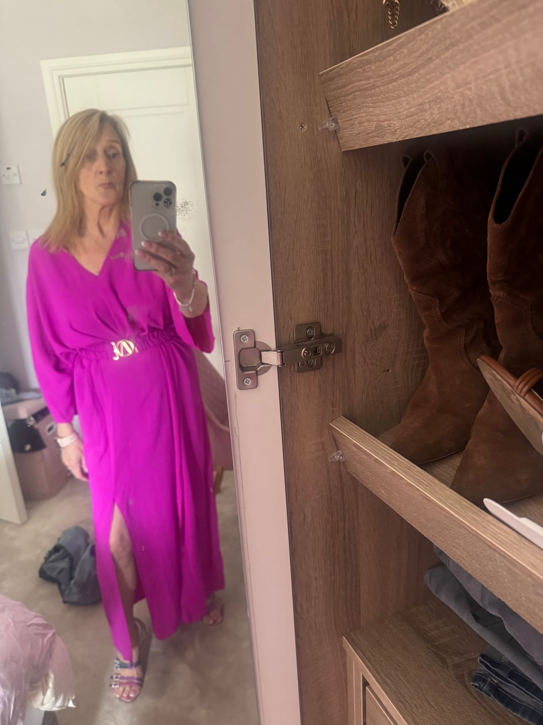 Customer photo review of Avery Magenta Front Slit Dress
