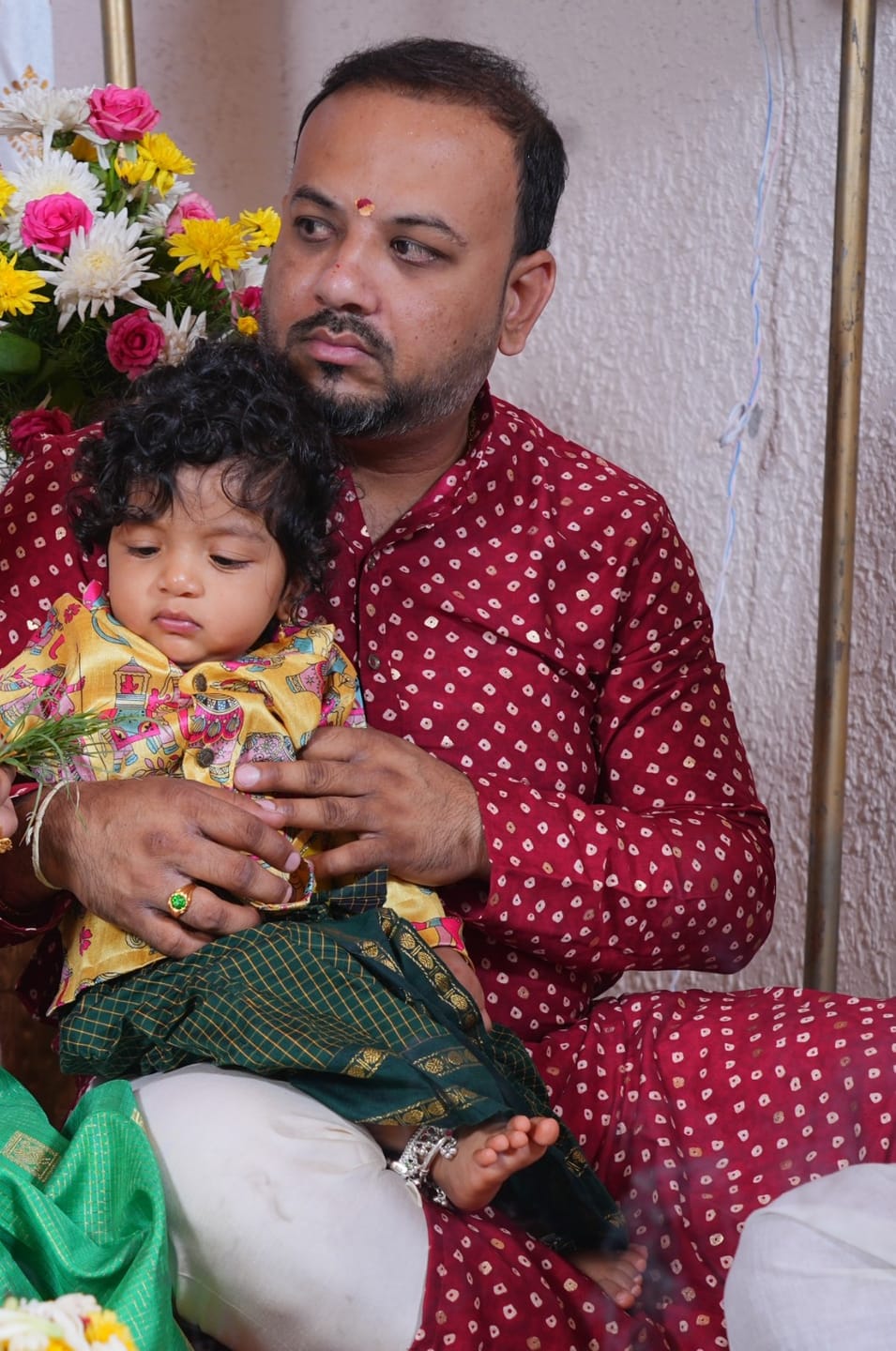 Customer photo review of Traditional Indian Yellow Aane Print kurta with bottle green checks dhoti baby boy ethnic wear