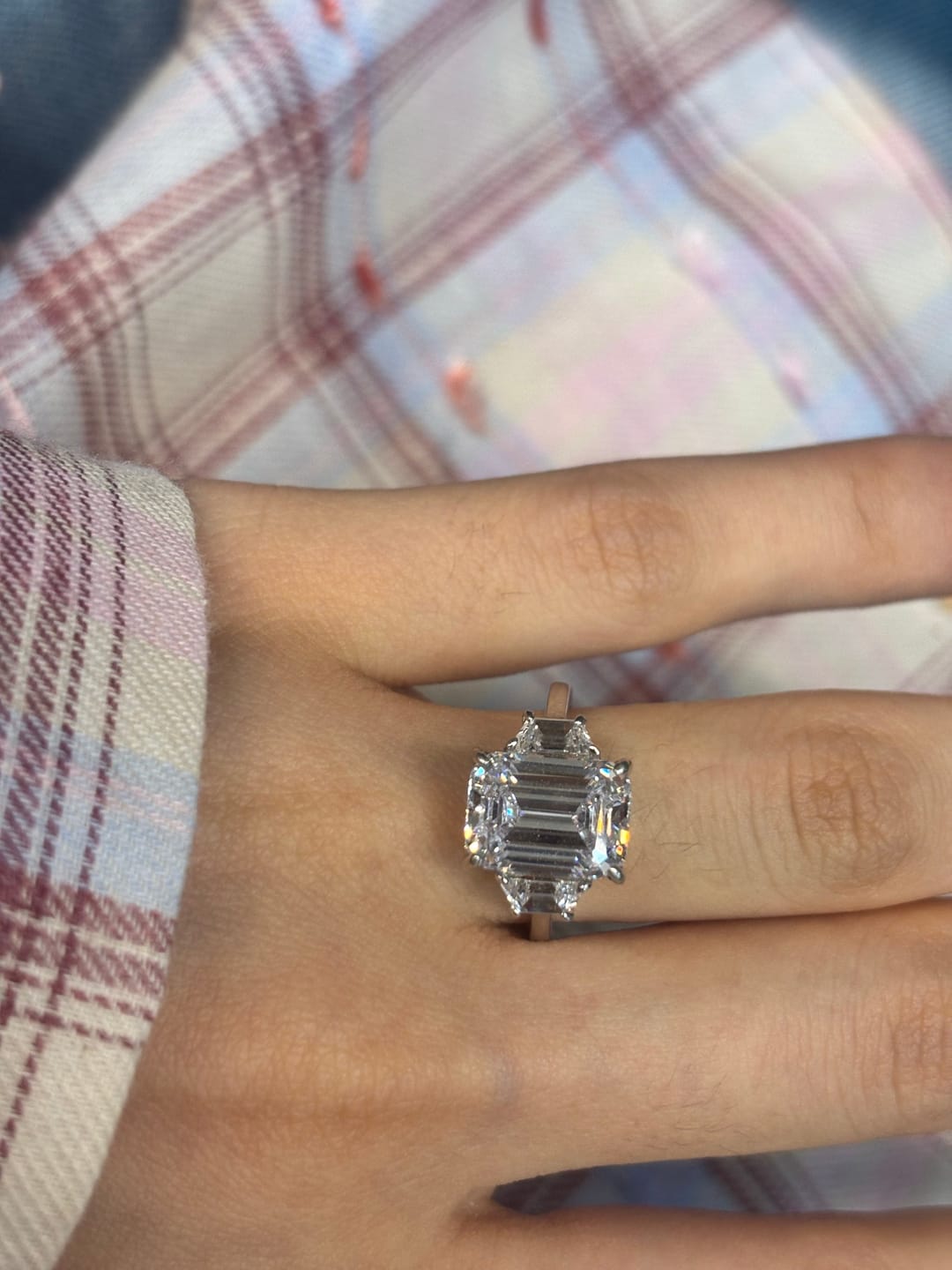 Customer photo review of S925 4.5 Carat Emerald Cut Three Stone Engagement Ring Anniversary Ring Gift