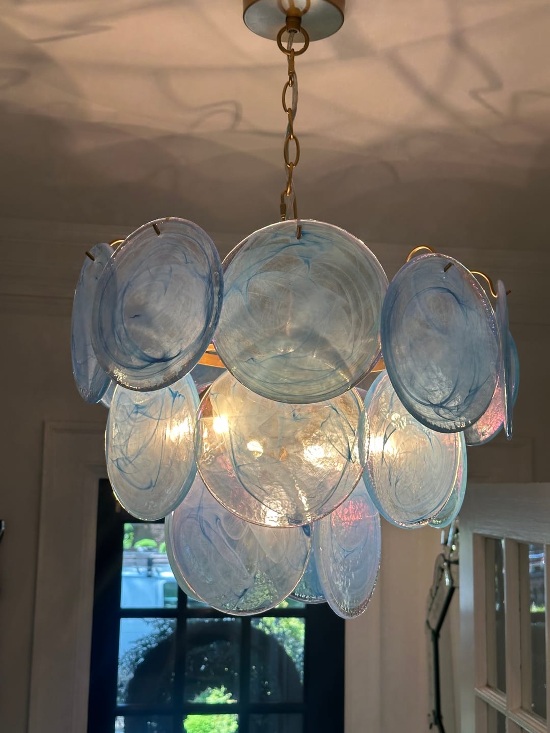Customer photo review of Glam Blue Iridescent Swirl Glass Round Tiered Chandelier