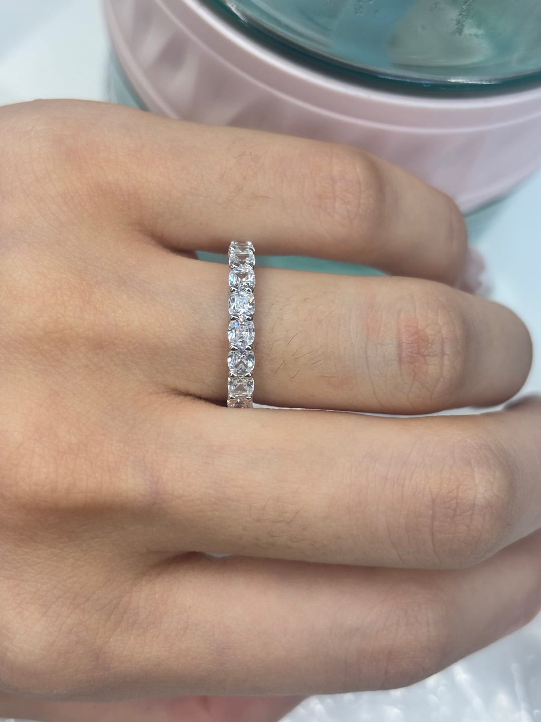 Customer photo review of S925 2.5 Carat Cushion Cut Women's Wedding Band In Sterling Silver Stackable Ring