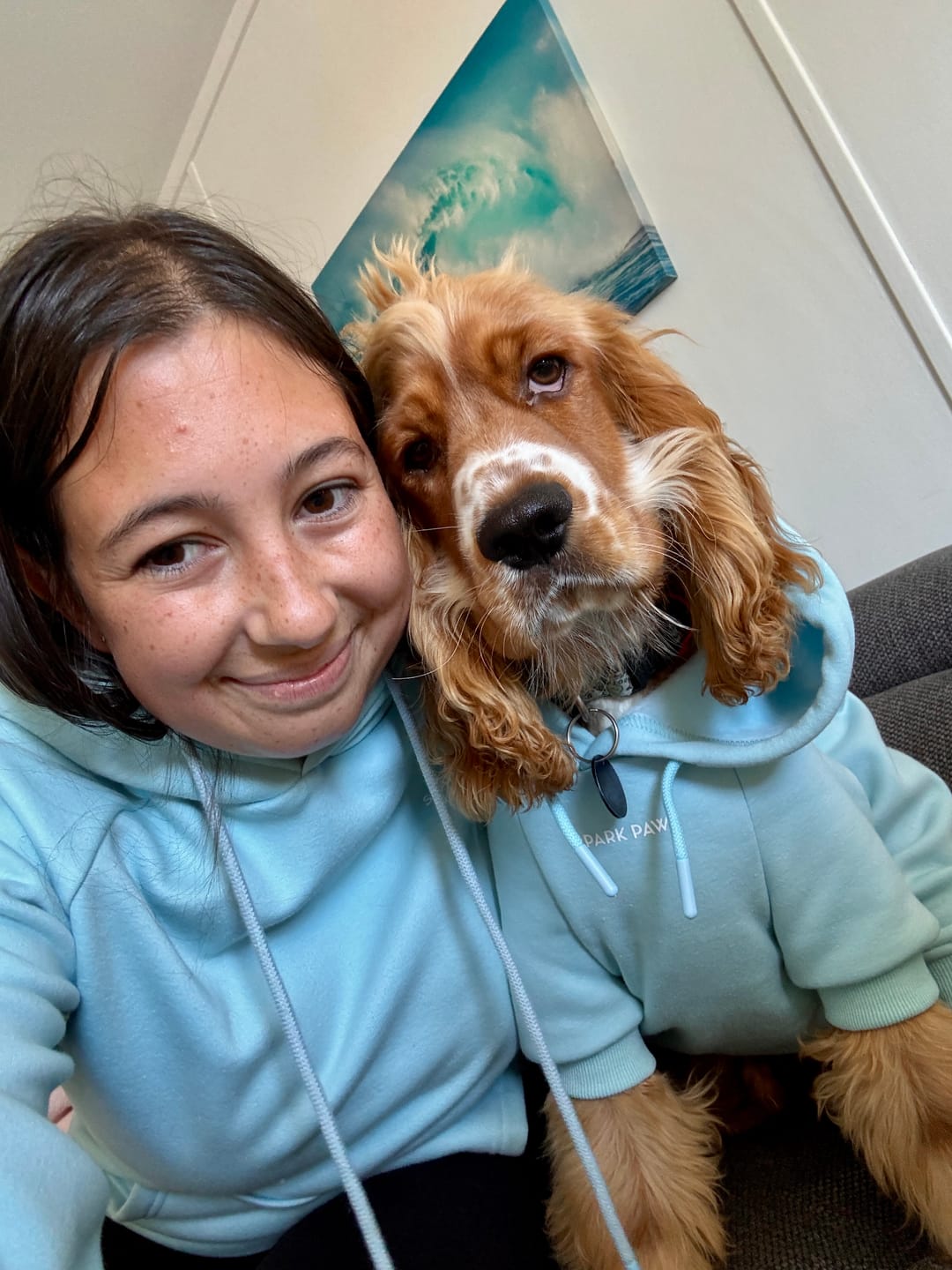 Customer photo review of Essential Dog Hoodie - Baby Blue