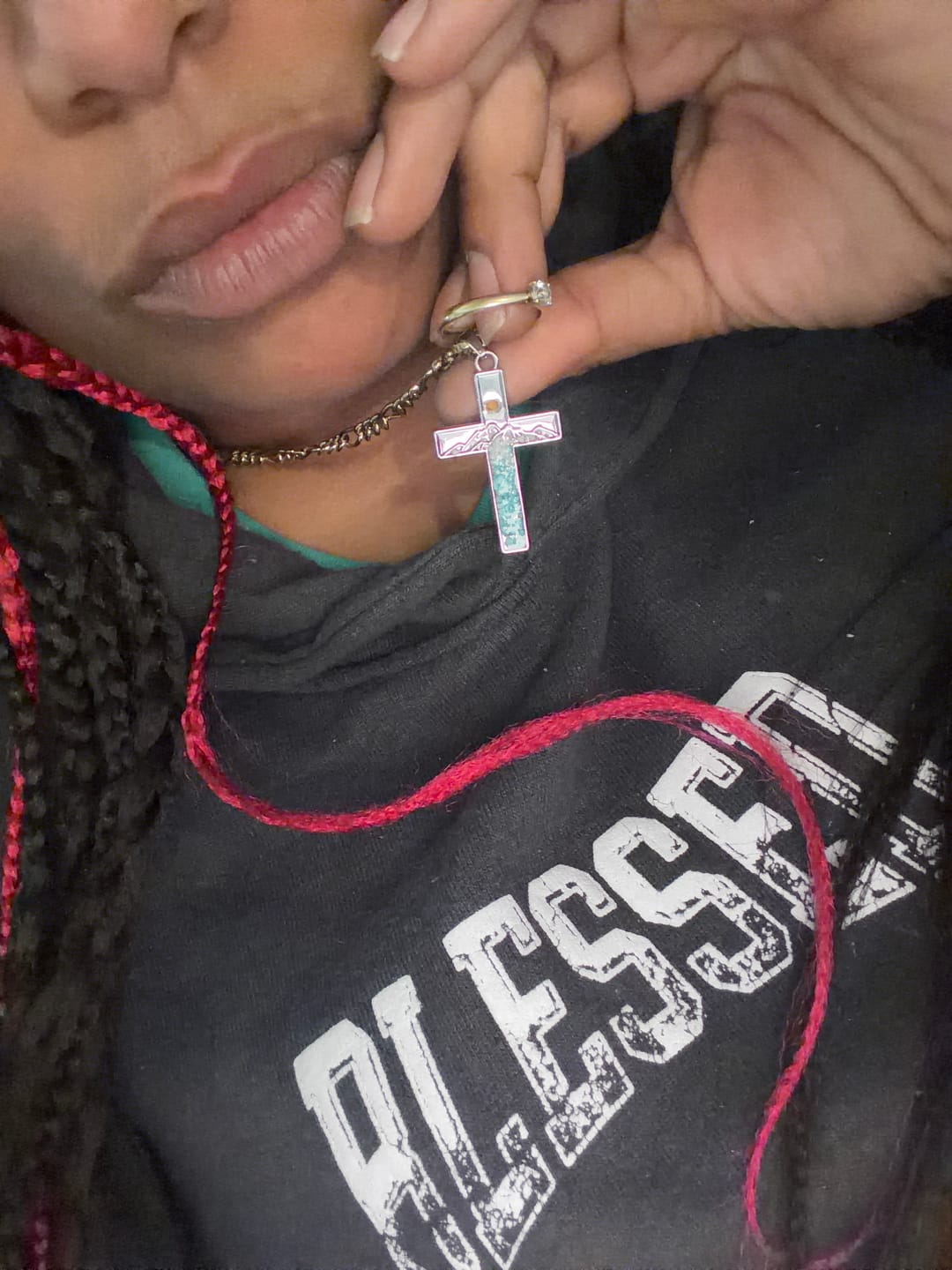 Customer photo review of FREE Today: Mustard Seed Crescent Moon & Cross Necklace: Turquoise Inlay & Silver-Tone Design