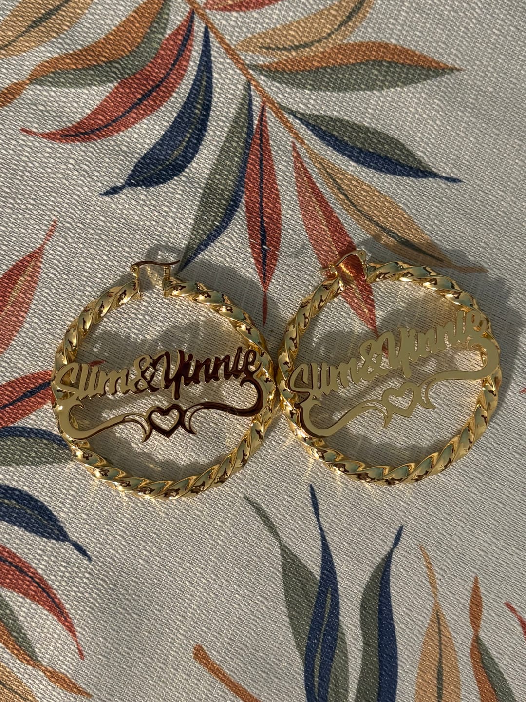 Customer photo review of Heart Twist Name Hoop Earrings