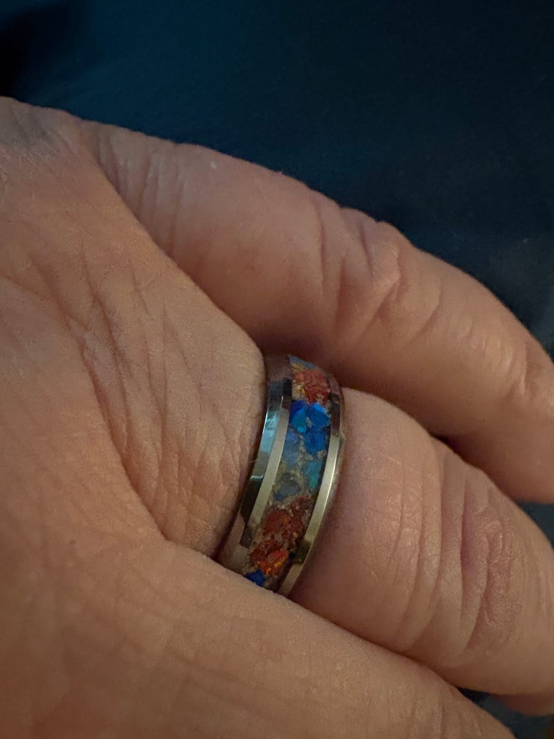 Customer photo review of Tungsten Opal Ring with Cremation Ashes