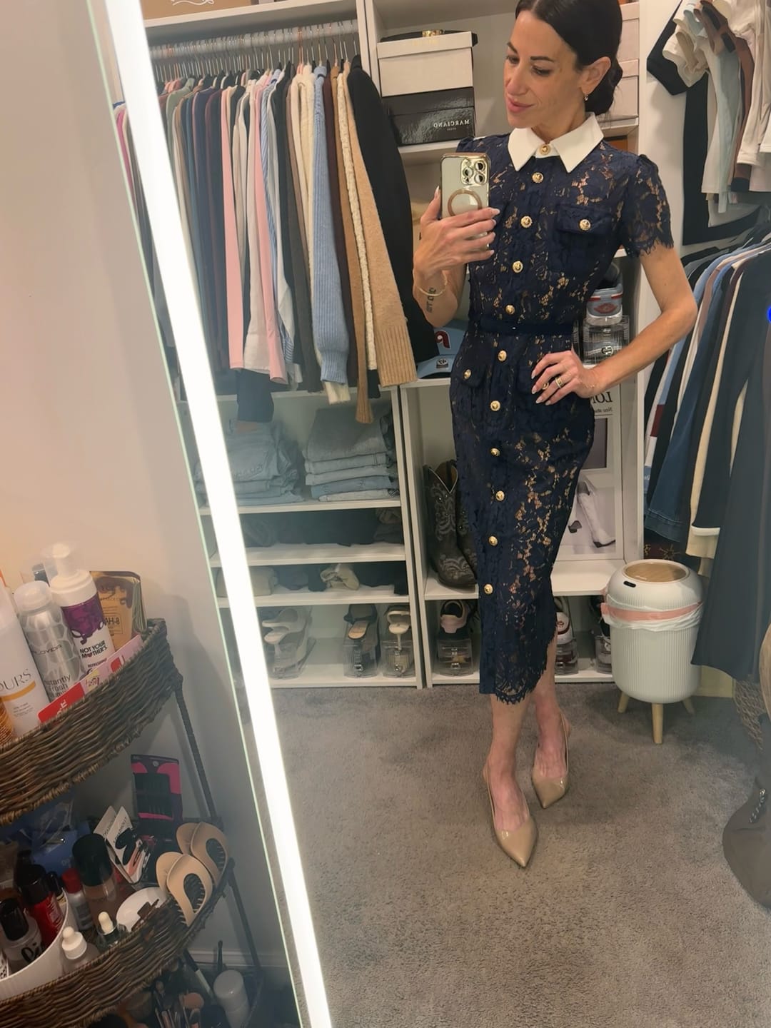 Customer photo review of Floral Lace Midi Dress with Tailored Collar and Belted Waist - Navy