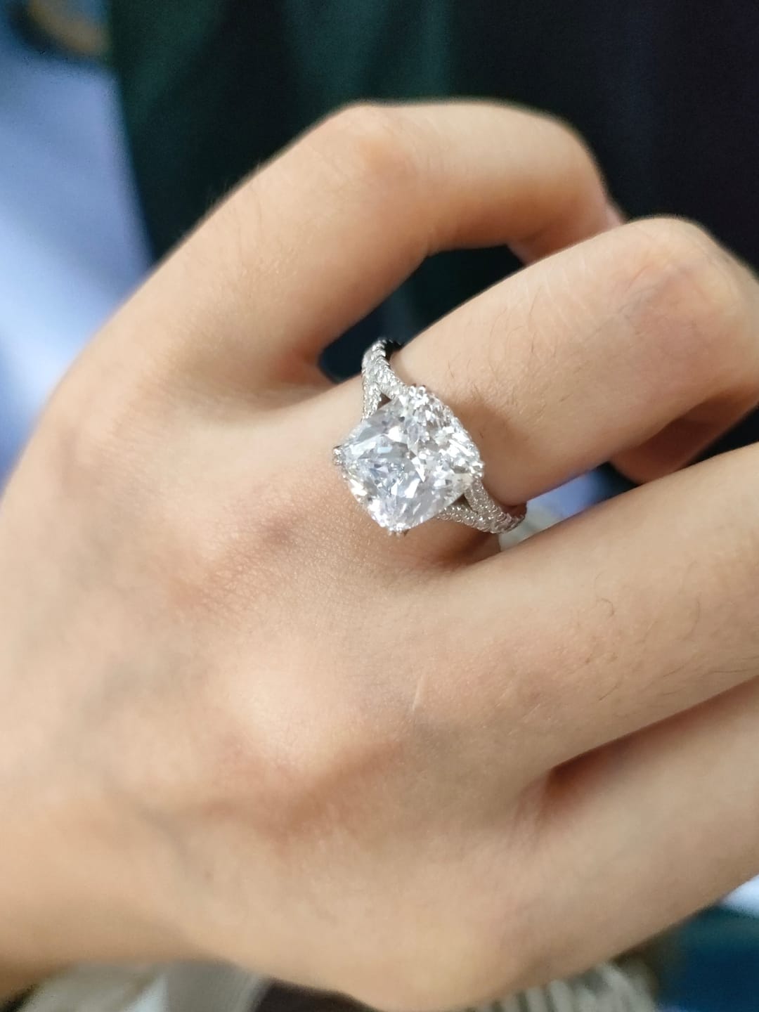 Customer photo review of S925 Split Shank 4.0Ct Cushion Cut Stackable Ring in Sterling Silver Engagement Ring For Women