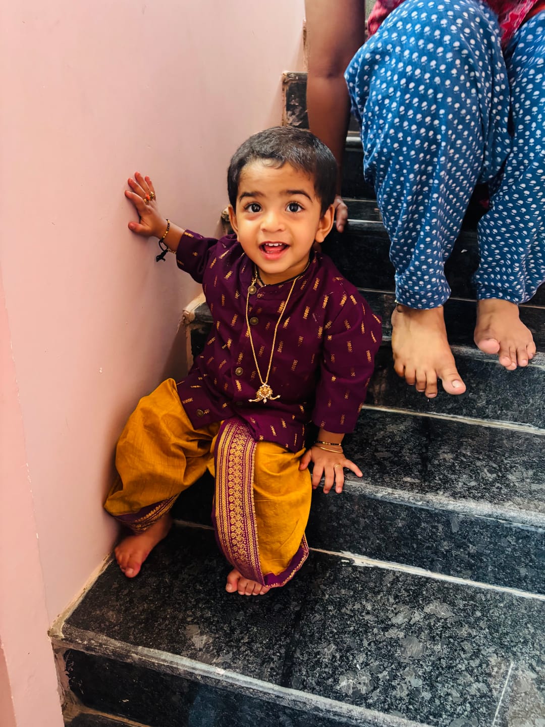 Customer photo review of Dark Wine kurta and mustard yellow Dhoti for Boys – Traditional Ethnic Wear for Baby Boy