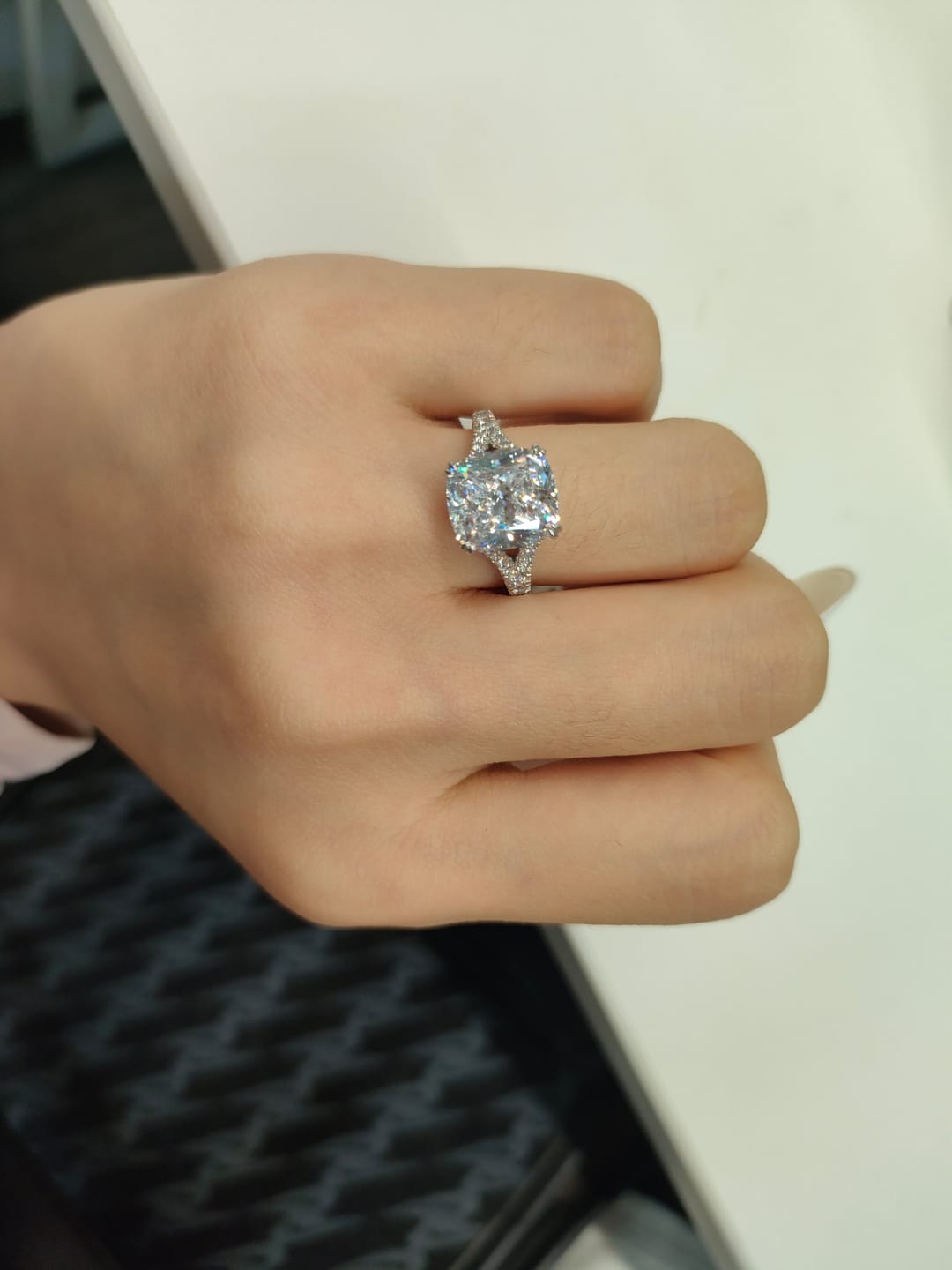 Customer photo review of S925 7.0Ct/4.0Ct Split Shank Cushion Cut Engagement Ring 18K White Gold Plated Travel Rings with Pavé Accents