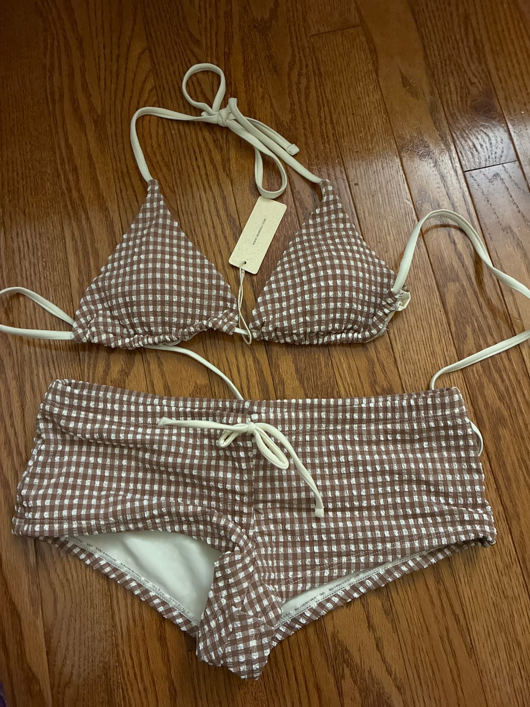 Customer photo review of Seamolly Gingham Halter Triangle Boyshorts Bikini Set