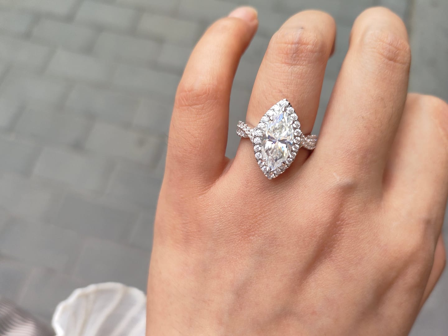 Customer photo review of S925 Moissanite 3.0 Ct White Marquise Cut Halo Engagement Ring 925 Sterling Silver Promise Ring For Women