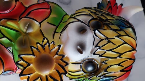 Close-up of the reviewer's colorful, mosaic-style animal figurine received for the Highland Cow lamp order.