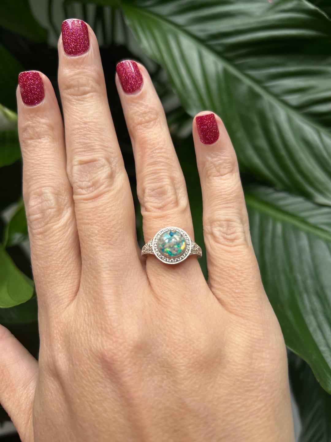 Customer photo review of Bedazzled Filigree Circle Opal Cremation Ring