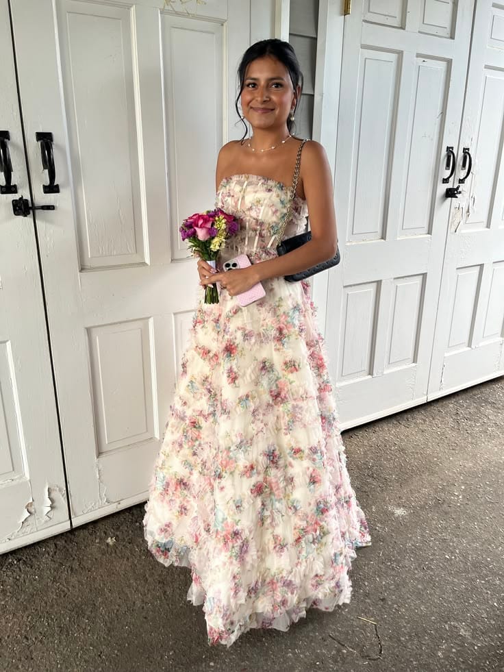 Customer photo review of Strapless Floral Print Ruffle Long Dress with Slit