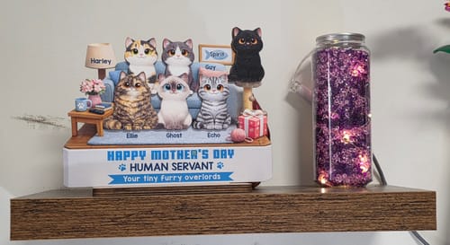 Customer's personalized "Human Servant" wooden plaque with six cats, displayed on a wooden shelf.