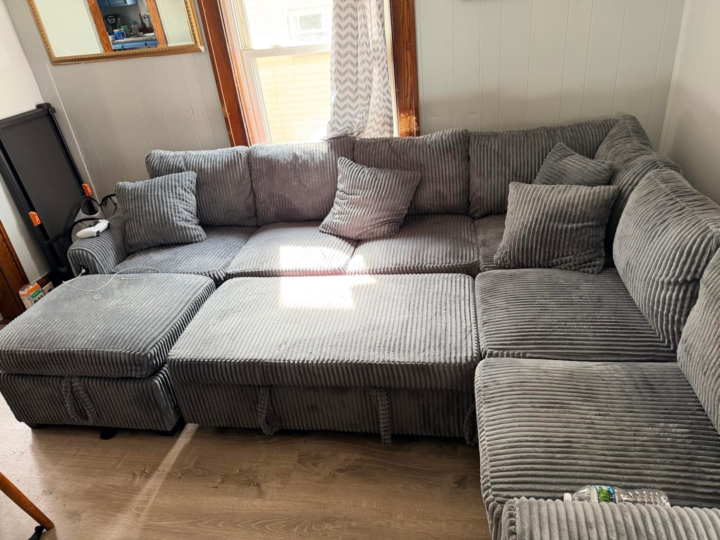 Customer photo review of Chenille Pull Out Sleeper Sofa with Storage Ottoman