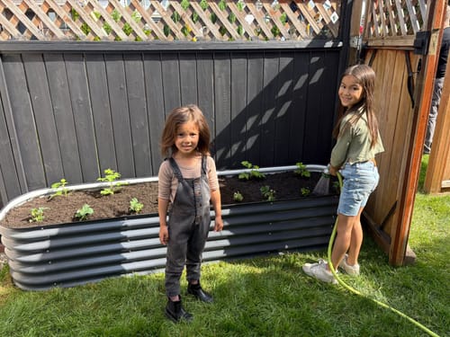 Customer's dark 17” Tall Modular raised garden bed in a yard, with two children watering the new plants.