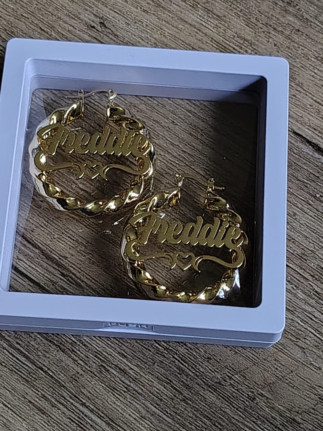 Customer photo review of Heart Twist Name Hoop Earrings