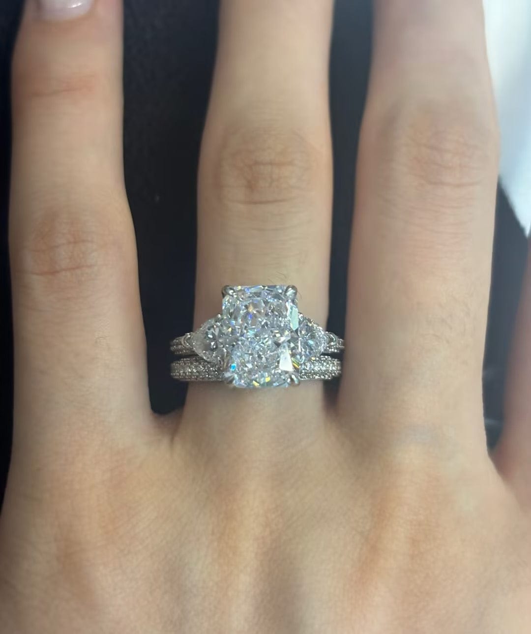 Customer photo review of S925 5.0Ct Radiant Cut & Heart Cut Three Stone Wedding Set In Sterling Silver