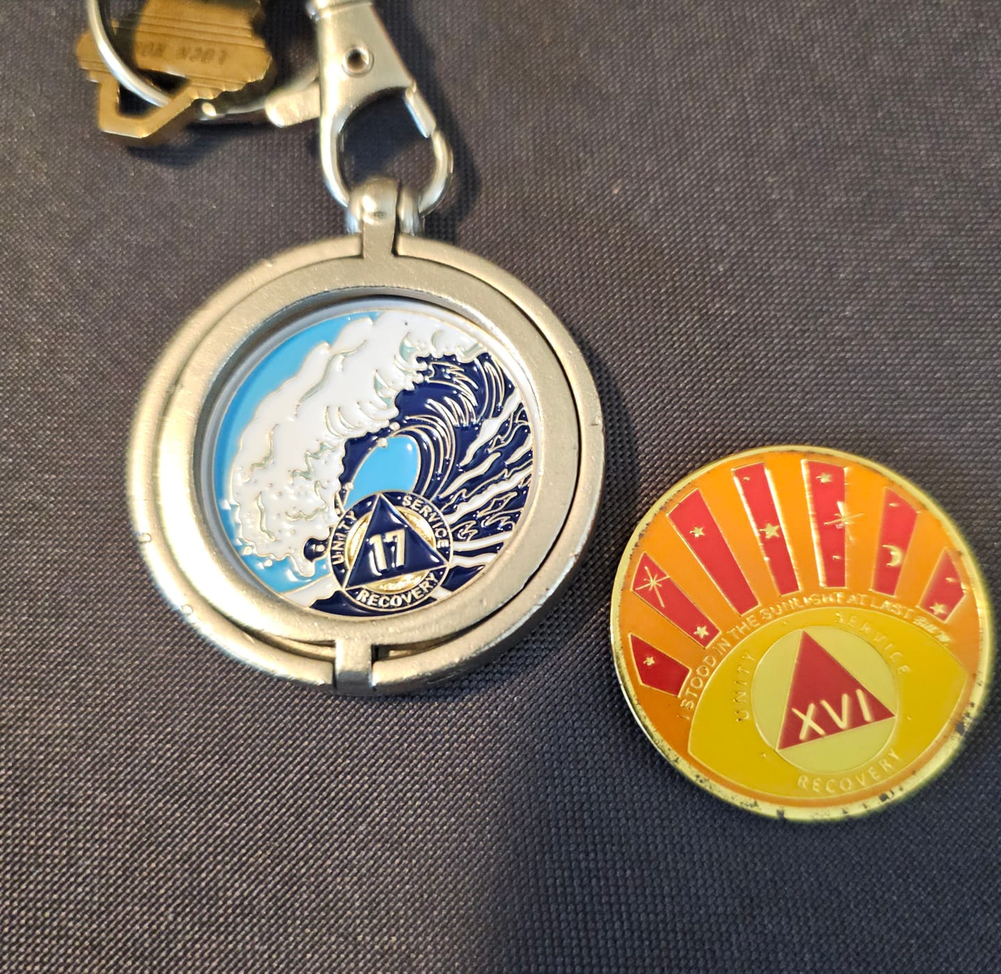 Customer photo review of 17 Year Sobriety Mint Crashing Wave Gold Plated AA Recovery Medallion - Seventeen Year Chip/Coin - Blue/White