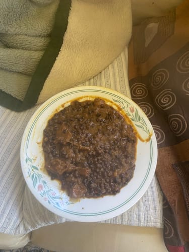A customer's cooked meal of Halal Beef Tripe in a dark, rich stew served on a white plate.