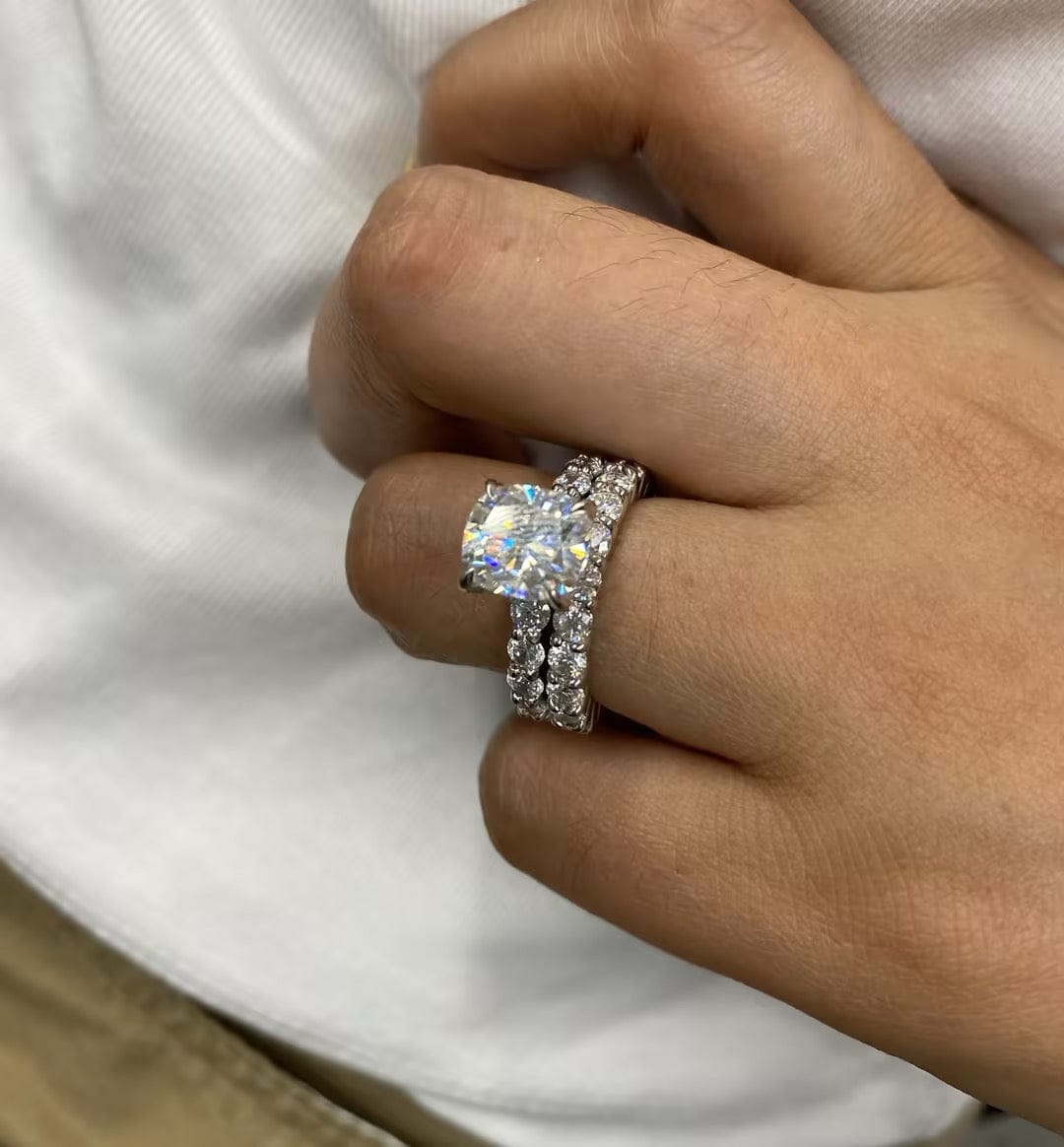 Customer photo review of Rodiffy Moissanite 3.0Ct Cushion Cut Side Stone White Gold Engagement Ring with Pavé Eternity Ring