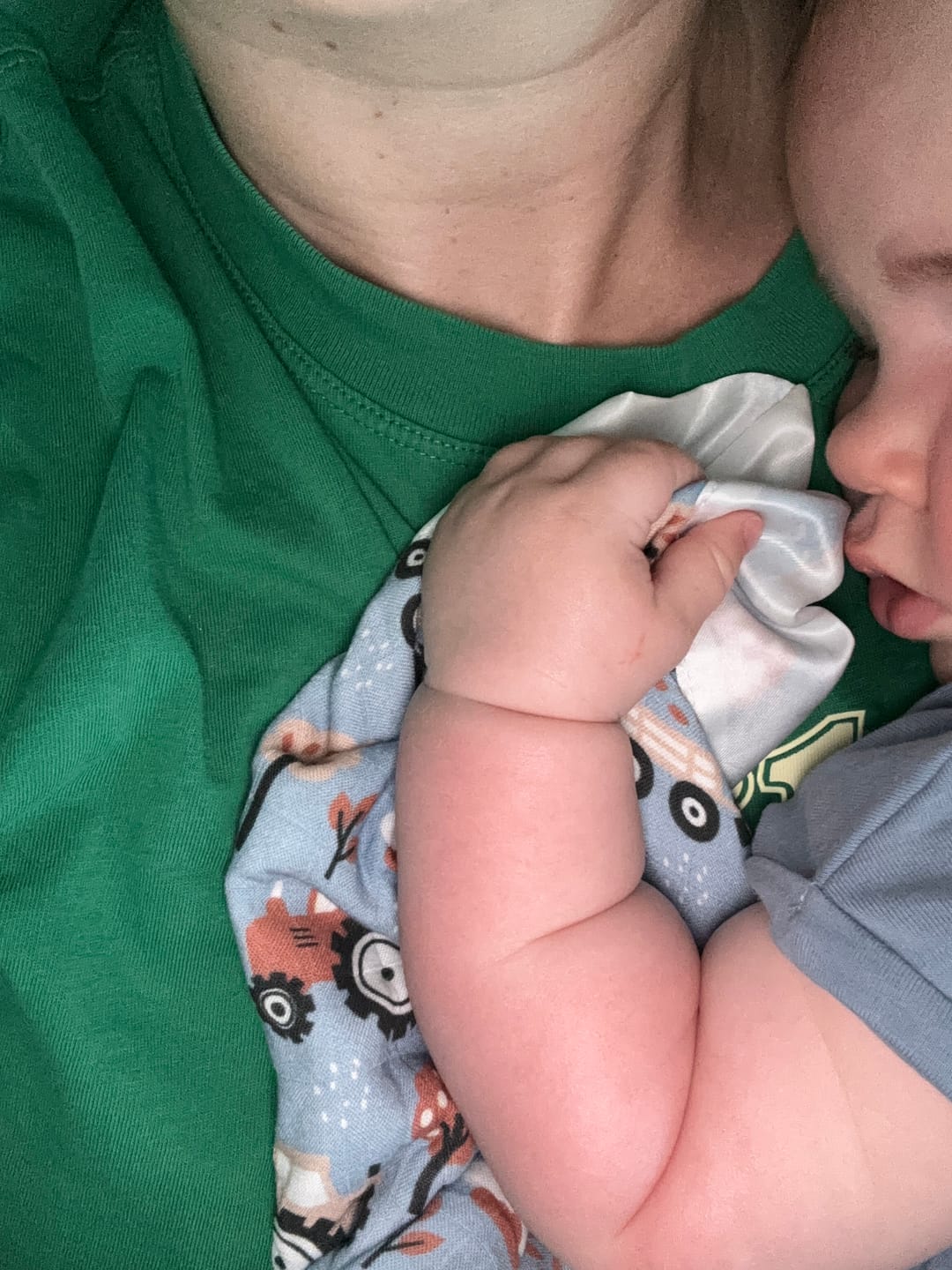 Customer photo review of Baby Sleep Comforter for Self-Soothing - Tractor Satin Security Blanket 2-Pack
