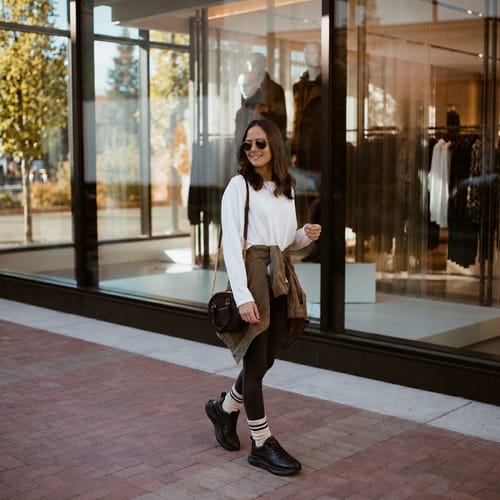 Customer walking outdoors wearing black CloudStep™ Comfort Sneakers with a stylish casual outfit.