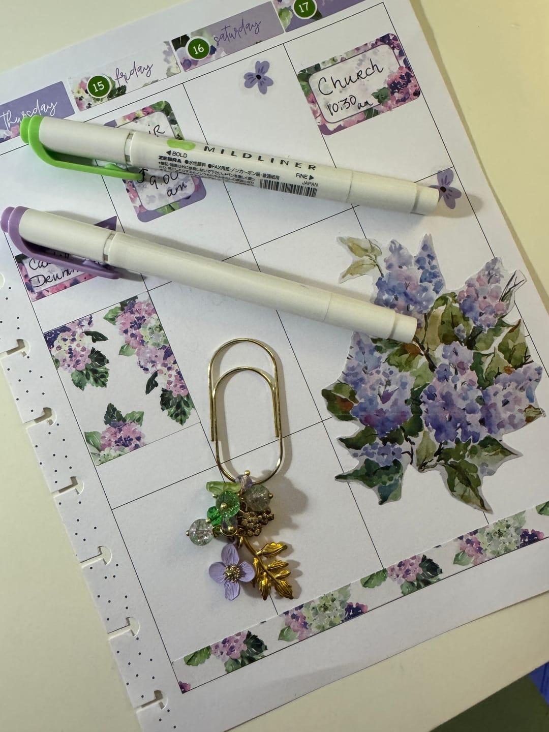 Customer photo review of Purple Hydrangea Floral Spring Flowers Wedding Planner Stickers 4-Page Weekly Kit - 133 Stickers (#12,217)