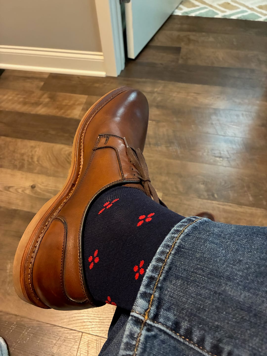 Customer photo review of Navy & Cherry Red Flowers - A Navy Sock with Cherry Red Flowers