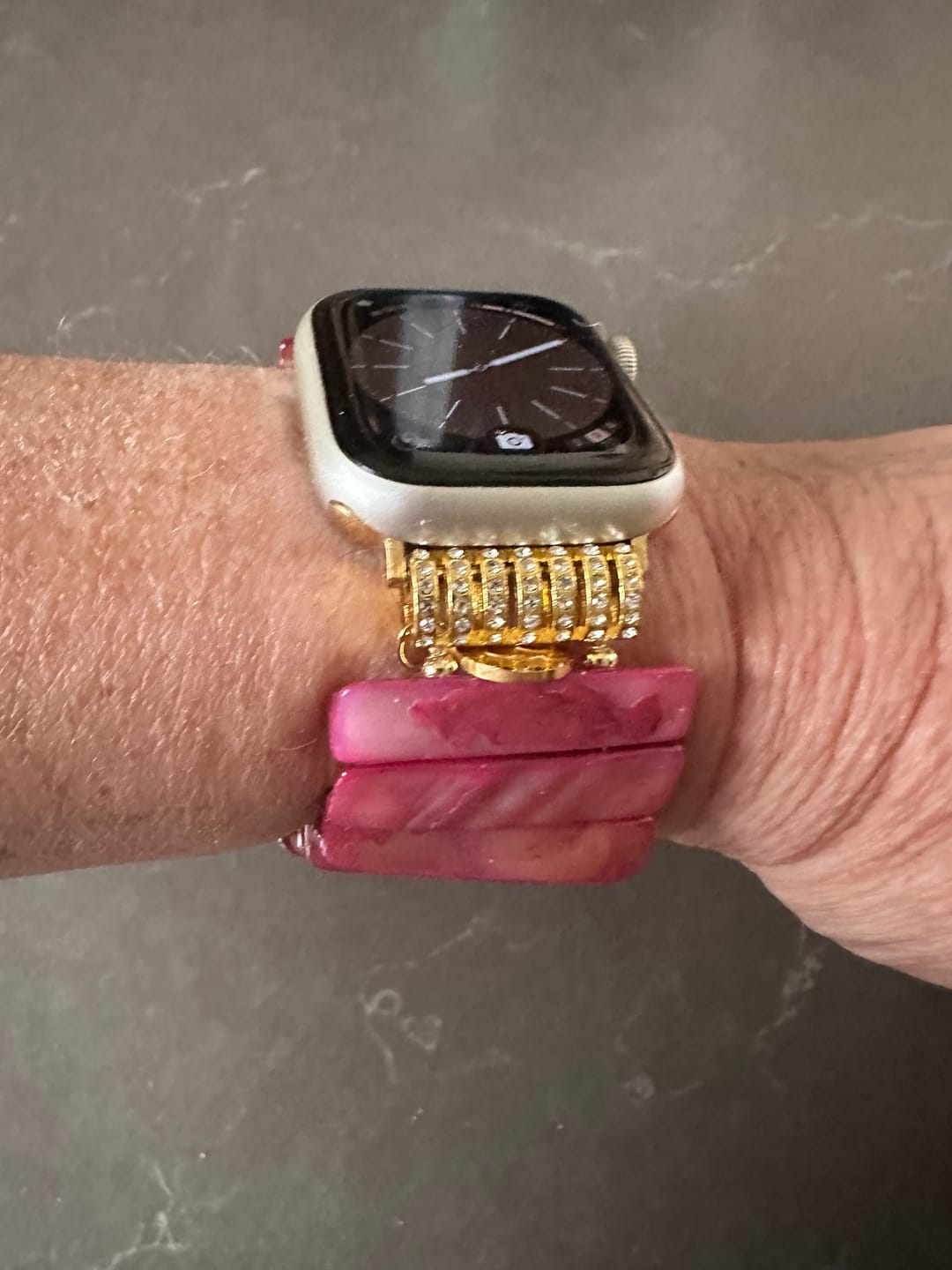 Customer photo review of Imperial Orchid Shell Stretch Apple Watch Strap