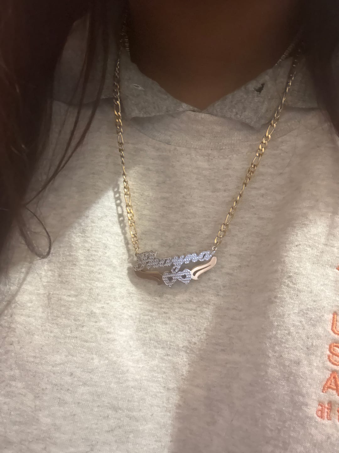 Customer photo review of Double Plated Hearts Name Necklace w/ Figaro Chain