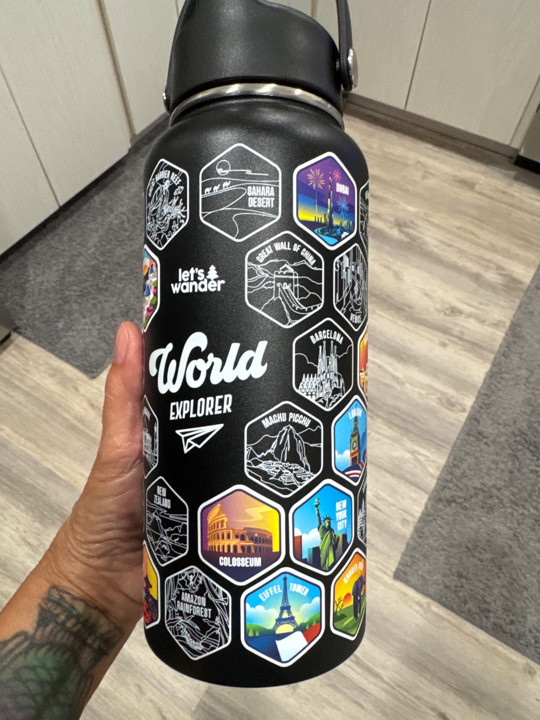 Customer photo review of Lets Wander™ World Explorer Water Bottle + Sticker Set